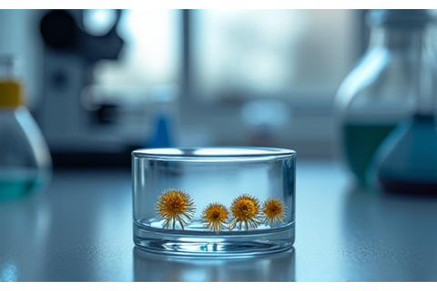 Cebos sintéticos en un laboratorio con tubos de ensayo y matraces, mostrando la infusión de feromonas naturales.
