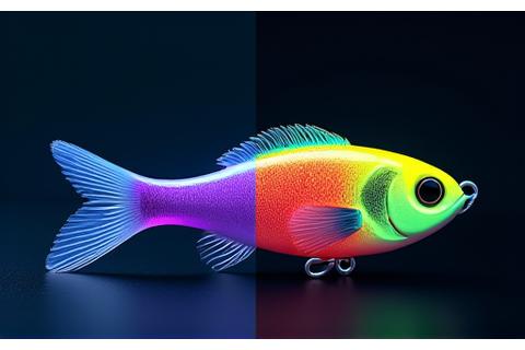 Cebos con pigmentos reactivos a la luz UV bajo una luz especial que resalta sus colores vibrantes en la oscuridad.