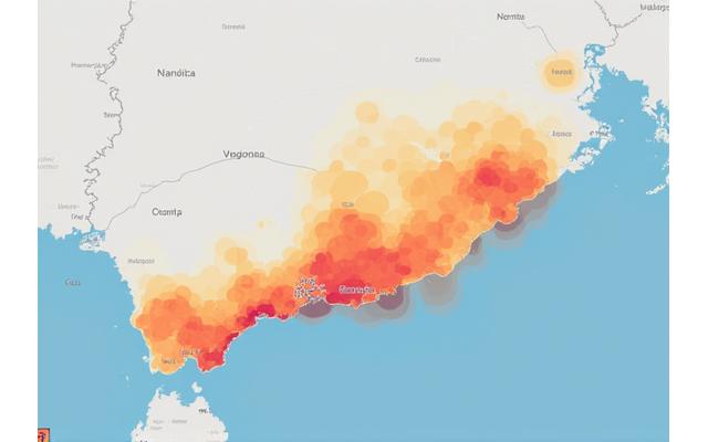 Mapa de calor de las costas de Valencia mostrando las zonas con mayor actividad pesquera, con puntos rojos indicando alta concentración de capturas.