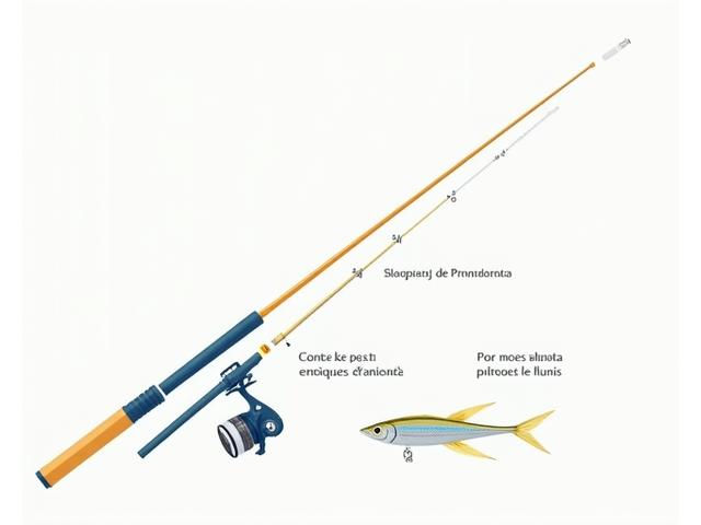 Diagrama técnico de un setup de pesca para lubina con un señuelo vibrante inteligente Mar Mayor, caña ligera y línea de fluorocarbono.