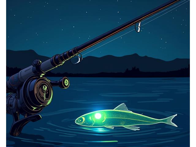 Diagrama técnico de un setup de pesca nocturna con cebos bioluminiscentes y marcadores de línea luminosos.