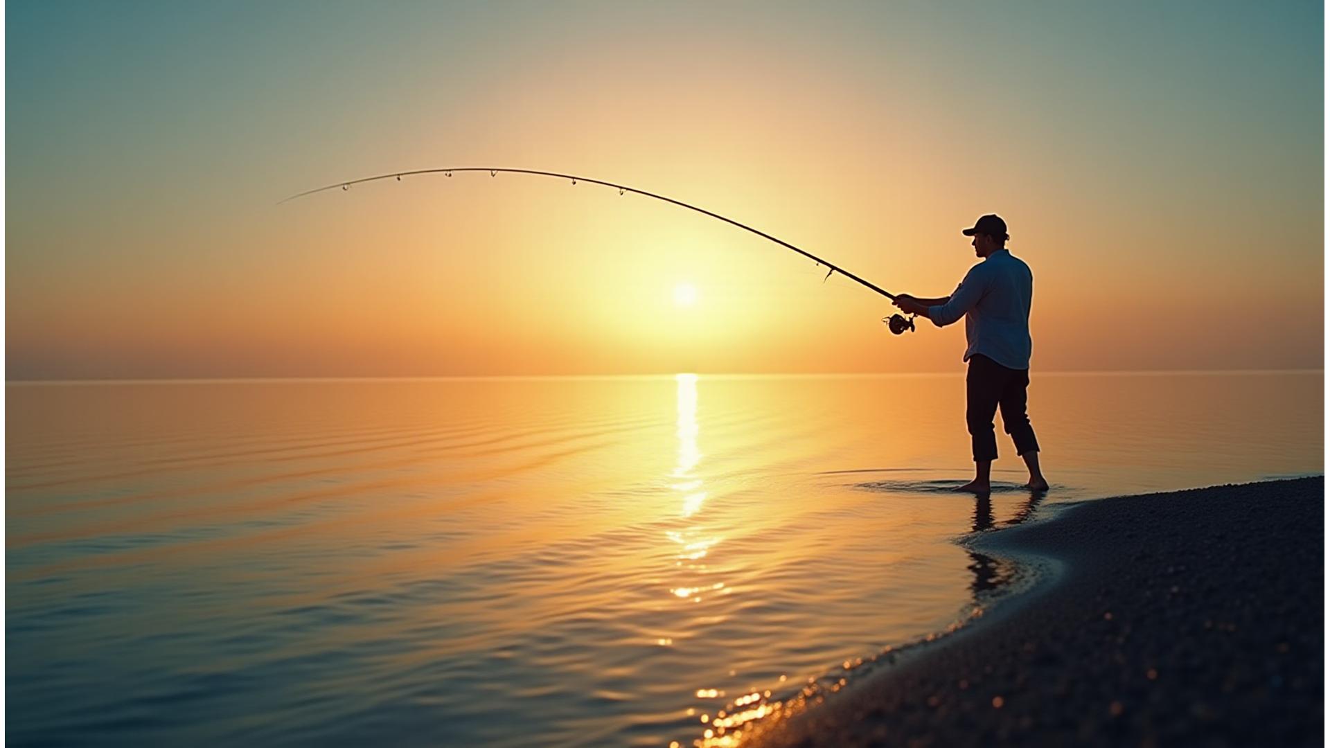 Pescador con caña Mar Mayor al amanecer