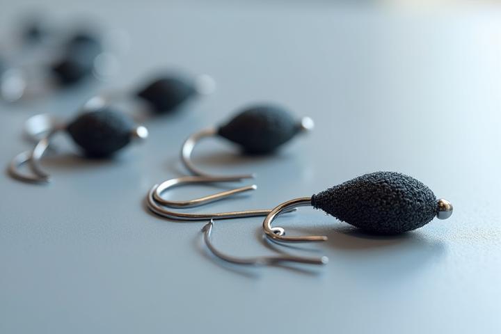 Anzuelos y plomos modernos de tungsteno en una superficie limpia, destacando su diseño ecológico.
