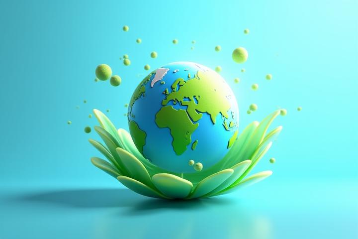 Ilustración de un planeta Tierra rodeado de medidores y gráficos que muestran una huella de carbono negativa, con el logo de Mar Mayor Pesca.