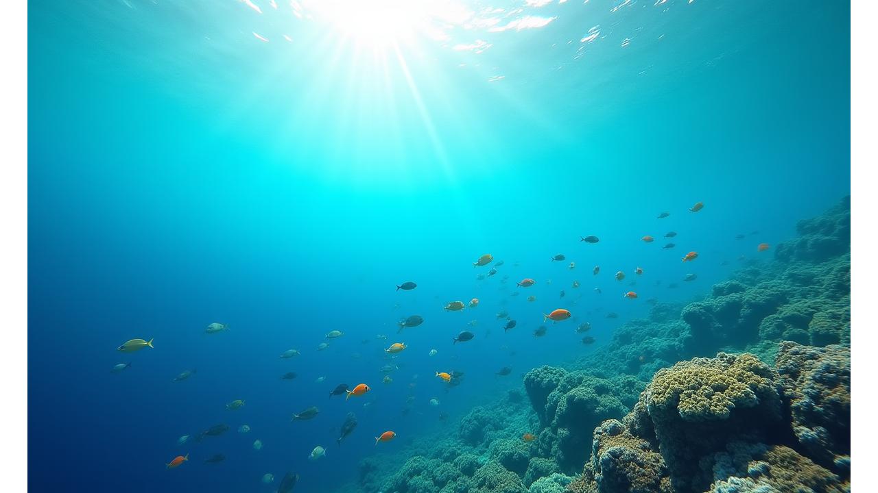 Océano azul y cristalino con peces nadando libremente, simbolizando la pesca sostenible de Mar Mayor Pesca.