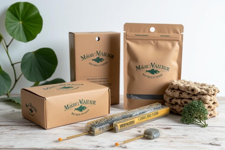 Envases de productos de pesca hechos de material compostable y reciclable, mostrando el logo de Mar Mayor Pesca.
