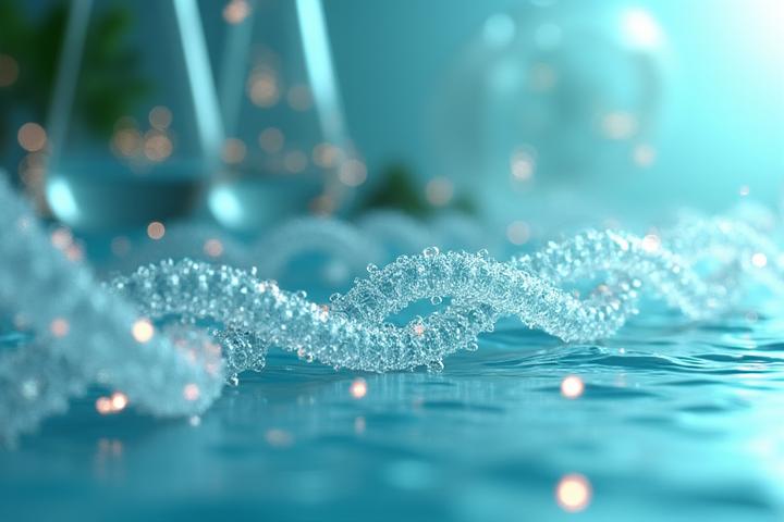 Representación científica de un polímero biodegradable desintegrándose en el agua, con símbolos de química verde.