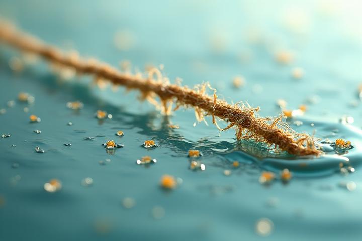 Primer plano de una línea de pesca que se descompone suavemente en el agua, simbolizando biodegradabilidad