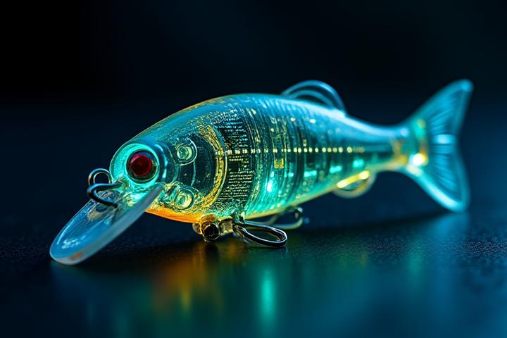 Señuelo de pesca inteligente con luces LED brillantes y pequeños sensores visibles, mostrando tecnología de monitoreo