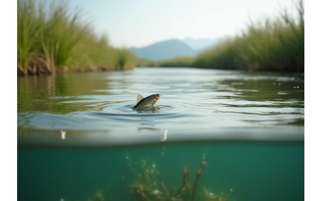 Línea de pesca brillando en agua dulce con peces de río en el fondo