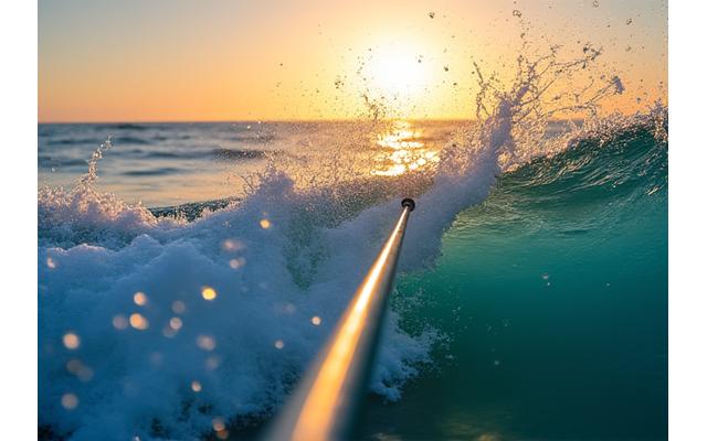 Línea de surfcasting bajo el sol en una playa Mediterránea con olas rompiendo