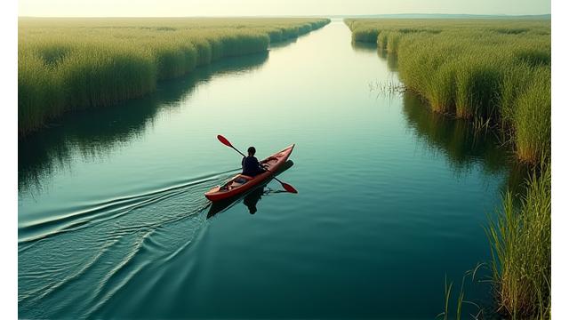 Kayaker en la Albufera de Valencia pescando, con caña de spinning y línea fina