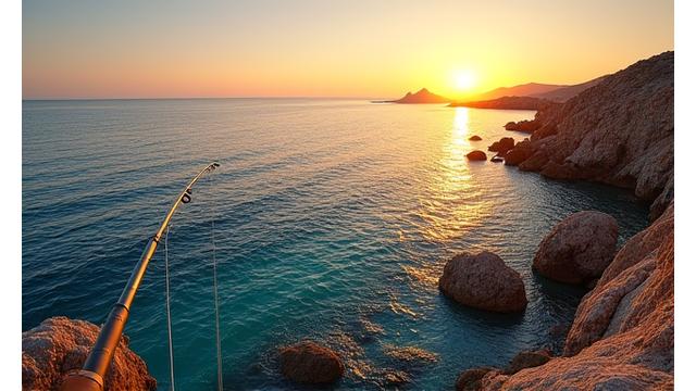 Pescador lanzando en una costa rocosa valenciana al atardecer, ideal para lubina