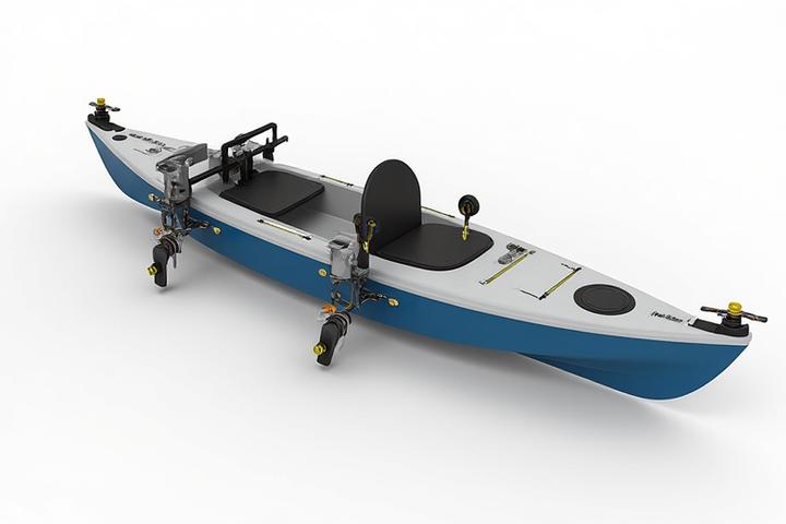 Diagrama técnico de un sistema de montaje versátil para kayaks con portacañas y soportes.