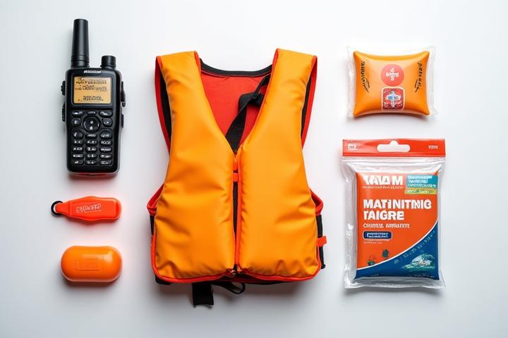Kit de seguridad completo para pesca en kayak, incluyendo chaleco, radio, y botiquín.