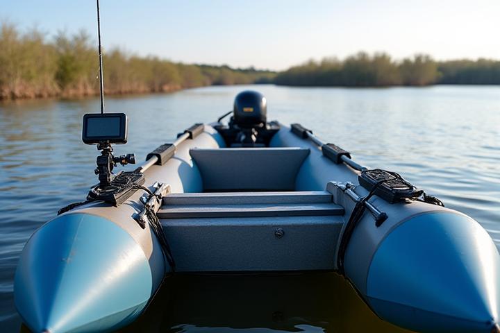 Pequeña embarcación neumática equipada para pesca con sonda compacta y portacañas.