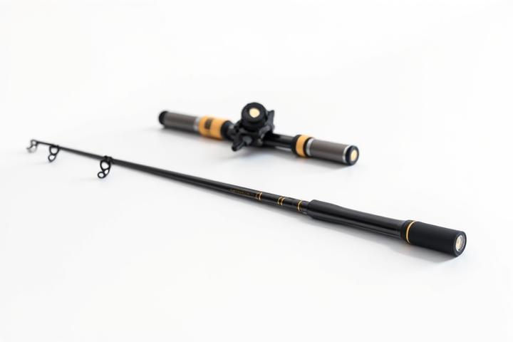 Caña de pesca telescópica avanzada plegada y extendida para mostrar su compacidad.