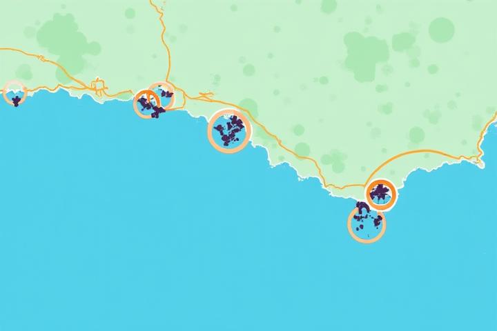 Mapa interactivo de la costa de Valencia con zonas de pesca en kayak destacadas.