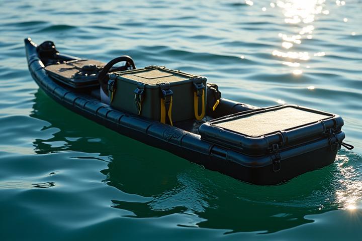 Cajas estancas y bolsas dry bag flotando en el agua junto a un kayak.