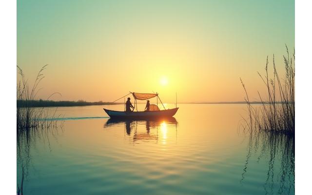 Pescadores tradicionales en barca en la Albufera de Valencia.