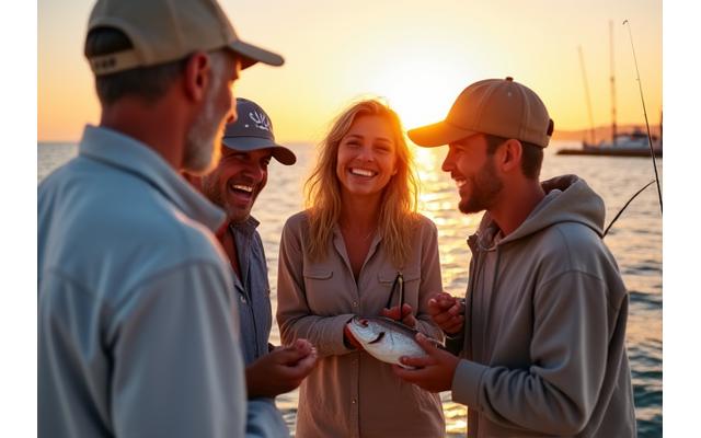 Grupo de pescadores sonriendo y compartiendo una captura en la costa de Valencia al atardecer.