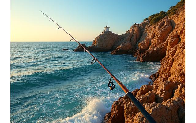 Pescador en las rocas de Cullera con el faro al fondo.