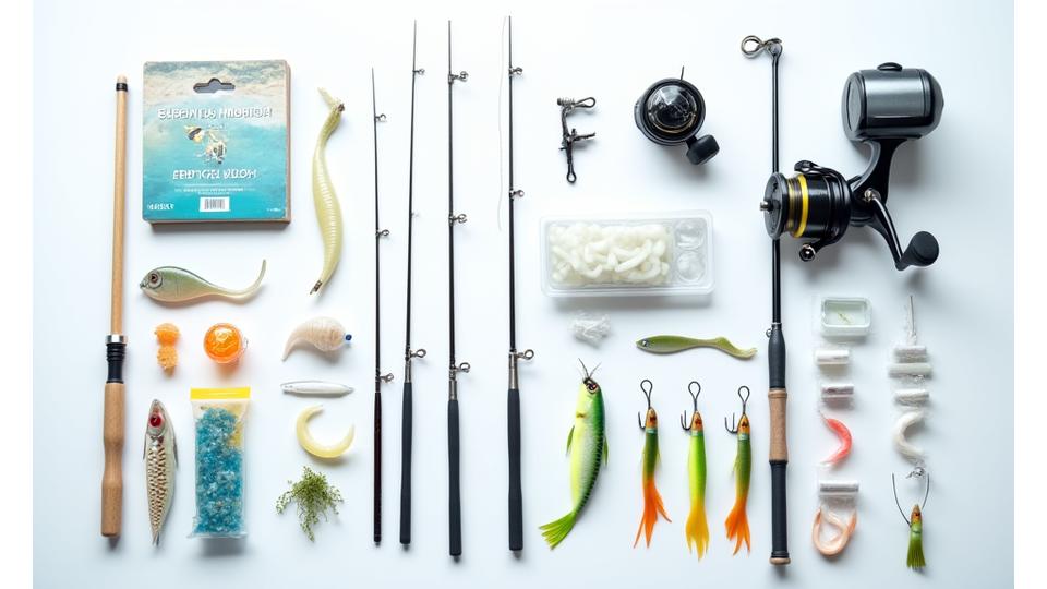 Diversos equipos de pesca alineados: cañas de surfcasting, spinning y carretes, junto a señuelos y cebos.