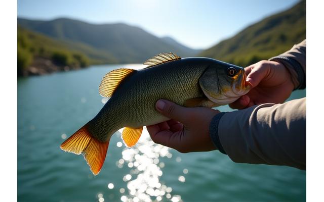Pescador mostrando un black bass capturado en el Embalse de Forata.