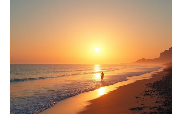 Playa de la Malvarrosa, Valencia, al amanecer con pescadores de surfcasting.