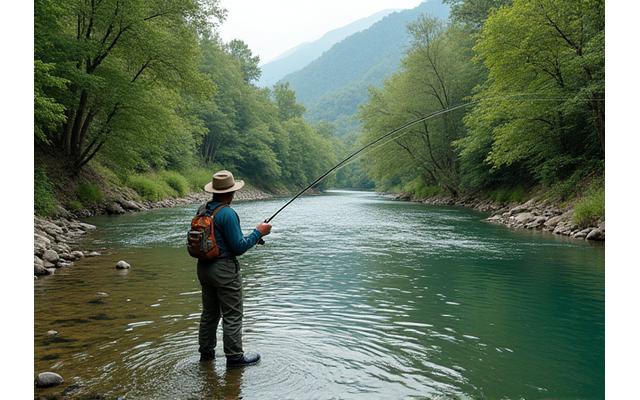 Pescador con mosca en un tramo tranquilo del río Turia.