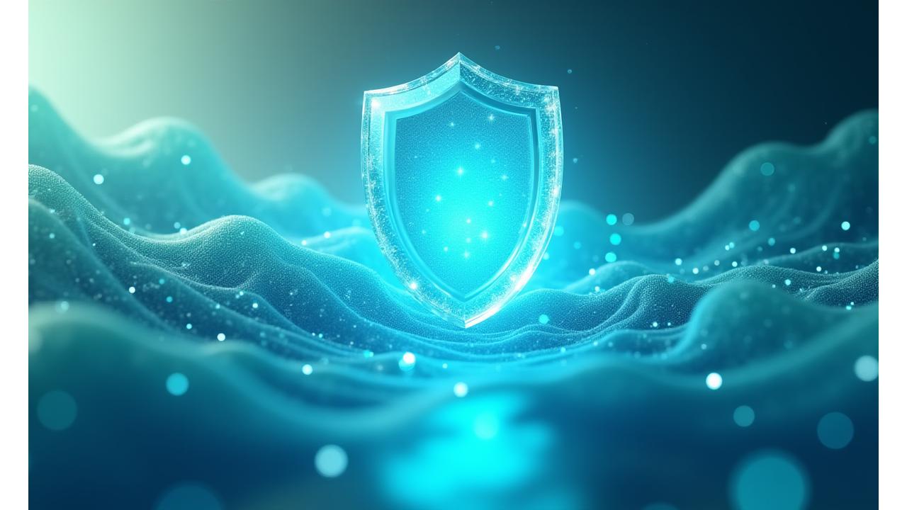 Escudo digital brillante que representa la seguridad y protección de datos con un sutil diseño marítimo, simbolizando la confianza y la transparencia.