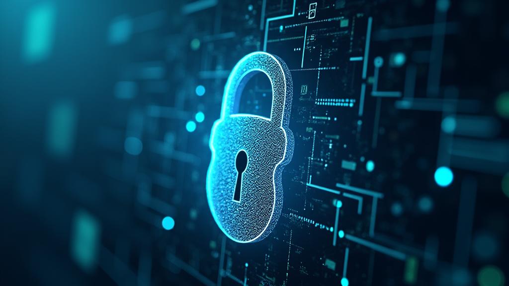 Varias capas de escudos digitales interconectados que forman una barrera de seguridad, con un candado central iluminado en un fondo abstracto de red de datos. Destacan los colores azules y verdes de la marca.