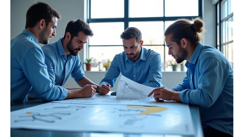 Equipo de Mar Mayor Pesca revisando planos de diseño en la fábrica, con un enfoque en la innovación sostenible.