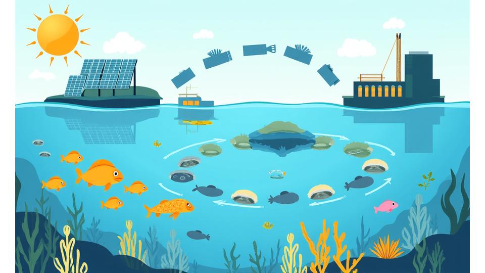 Infografía de procesos sostenibles de Mar Mayor Pesca, mostrando paneles solares, materiales reciclados y un ecosistema marino saludable.
